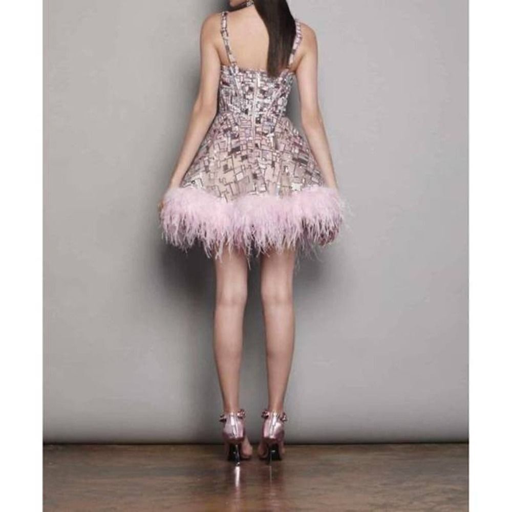 BRONX AND BANCO mademoielle feather mini dress in blush/multi Large (US8) - Picture 3 of 13